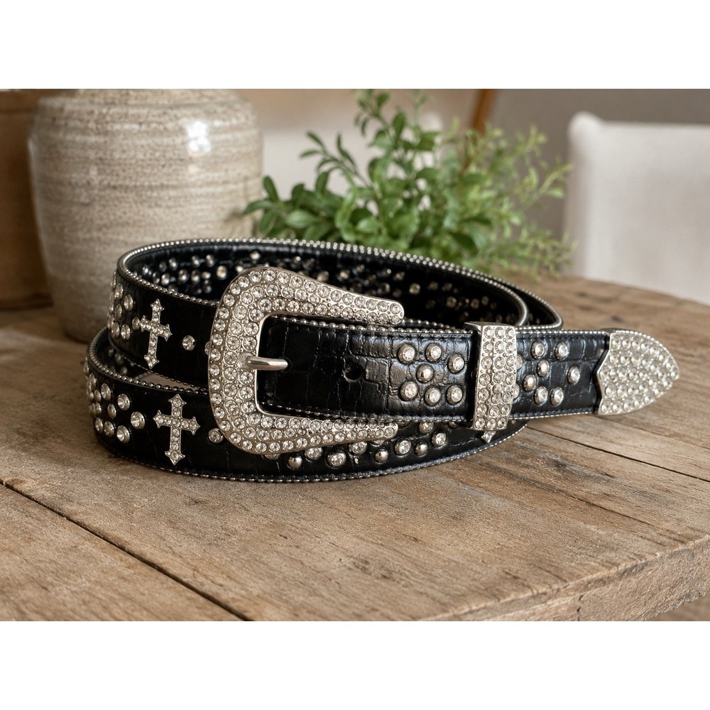 Cross Rhinestone Studded Bling Black  Belt Western Motorcycle Belt Medium